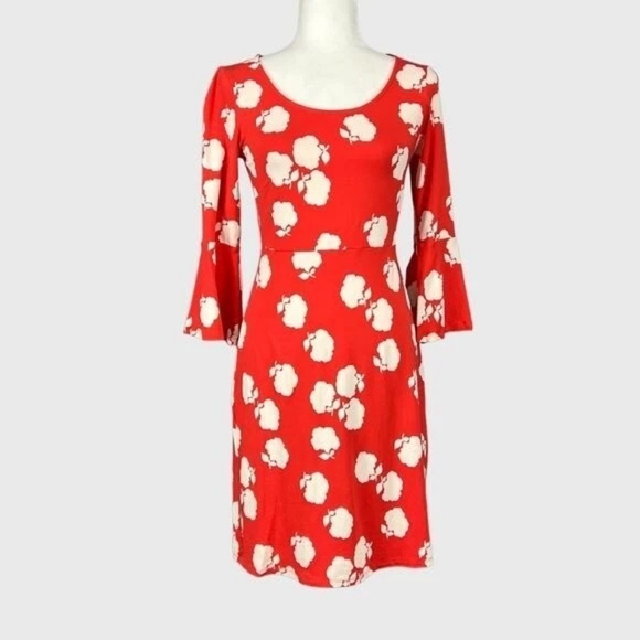 Boden Womens Miriam Orange Floral Jersey Mini Dress Bell Sleeves size 6R - Picture 2 of 8